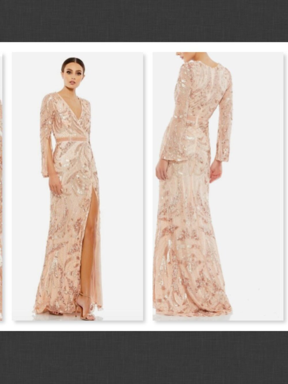 NWT Mac Duggal Sequined Wrap Style Split Long Sleeve Gown 5222 Rose Gold Size 12